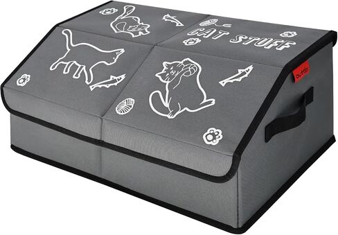 Sturdy MDF Cat Toy Box Storage with Lid, 19" Collapsible Cat Toy Bin with Handle, 600D Fabric Cute Pet Storage Basket Organizers for Pet Toys, Treats Clothes and Accessories - Grey (1 Pack) in Kuwait