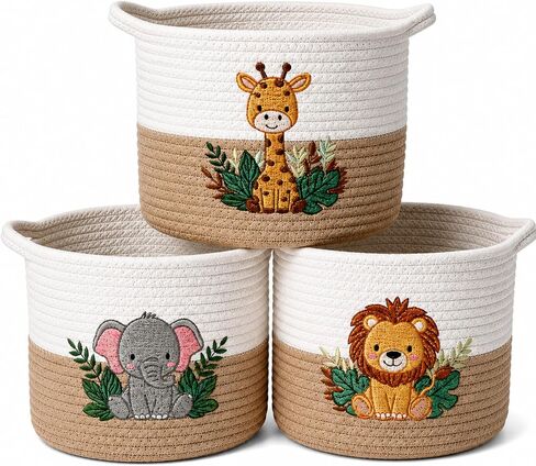 LemonRoad 3 Pcs Small Woven Woodland Animal Basket for Storage Cute Embroidered Cotton Rope Baskets 9.7" x 7.1" Elephant Giraffe Lion Safari Nursery Toy Storage Bins for Bedroom Closet Shelf Nursery in Kuwait