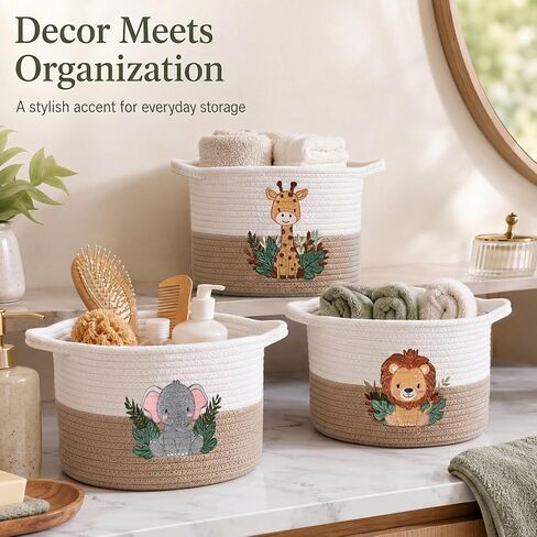 LemonRoad 3 Pcs Small Woven Woodland Animal Basket for Storage Cute Embroidered Cotton Rope Baskets 9.7" x 7.1" Elephant Giraffe Lion Safari Nursery Toy Storage Bins for Bedroom Closet Shelf Nursery in Kuwait