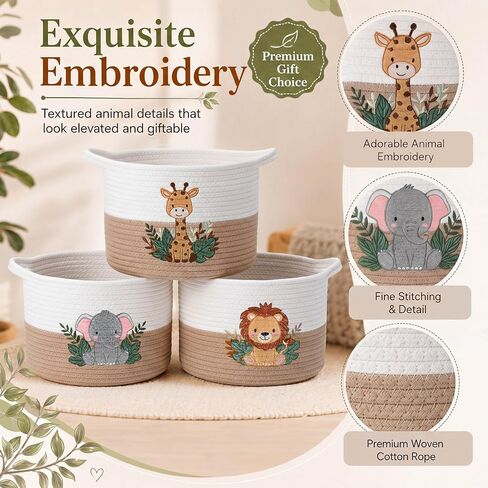LemonRoad 3 Pcs Small Woven Woodland Animal Basket for Storage Cute Embroidered Cotton Rope Baskets 9.7" x 7.1" Elephant Giraffe Lion Safari Nursery Toy Storage Bins for Bedroom Closet Shelf Nursery in Kuwait