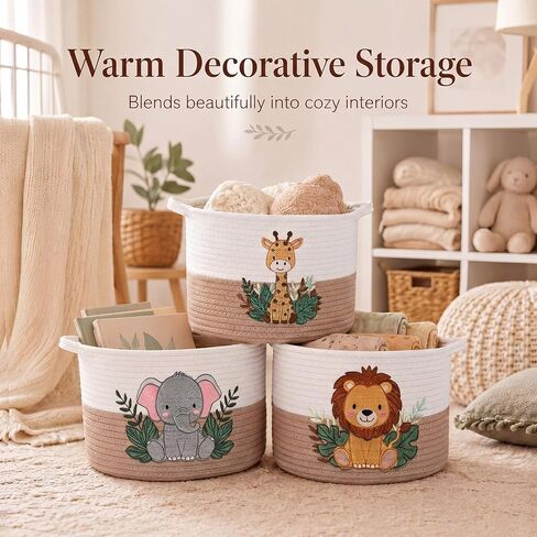 LemonRoad 3 Pcs Small Woven Woodland Animal Basket for Storage Cute Embroidered Cotton Rope Baskets 9.7" x 7.1" Elephant Giraffe Lion Safari Nursery Toy Storage Bins for Bedroom Closet Shelf Nursery in Kuwait