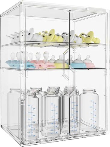 Baby Bottle Organizer, 3 Tiers Adjustable Bottle Storage Container for Countertop, Acrylic Bottle Station with 2 Removable Dividers and Double Magnetic Doors, Suitable for Kitchen Bathroom Vanity in Kuwait