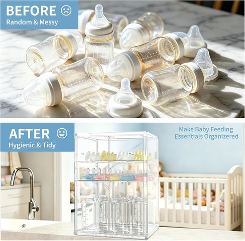 Baby Bottle Organizer, 3 Tiers Adjustable Bottle Storage Container for Countertop, Acrylic Bottle Station with 2 Removable Dividers and Double Magnetic Doors, Suitable for Kitchen Bathroom Vanity in Kuwait