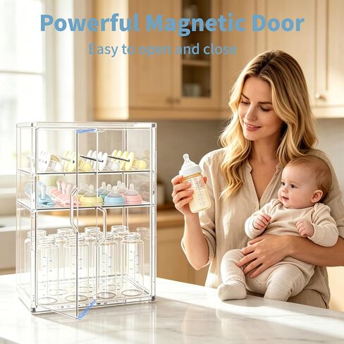 Baby Bottle Organizer, 3 Tiers Adjustable Bottle Storage Container for Countertop, Acrylic Bottle Station with 2 Removable Dividers and Double Magnetic Doors, Suitable for Kitchen Bathroom Vanity in Kuwait