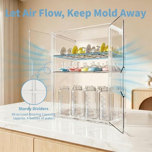 Baby Bottle Organizer, 3 Tiers Adjustable Bottle Storage Container for Countertop, Acrylic Bottle Station with 2 Removable Dividers and Double Magnetic Doors, Suitable for Kitchen Bathroom Vanity in Kuwait