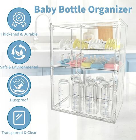 Baby Bottle Organizer, 3 Tiers Adjustable Bottle Storage Container for Countertop, Acrylic Bottle Station with 2 Removable Dividers and Double Magnetic Doors, Suitable for Kitchen Bathroom Vanity in Kuwait