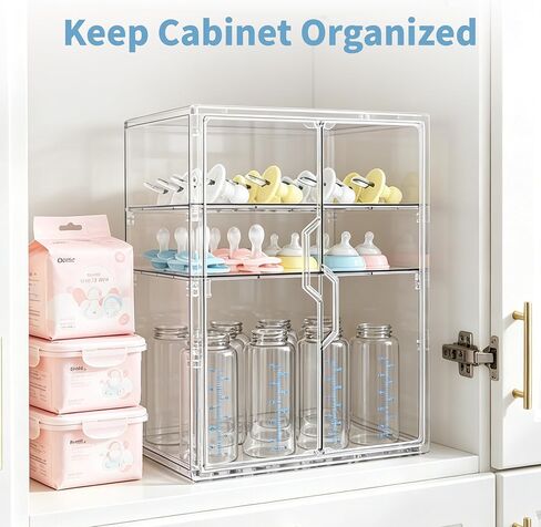 Baby Bottle Organizer, 3 Tiers Adjustable Bottle Storage Container for Countertop, Acrylic Bottle Station with 2 Removable Dividers and Double Magnetic Doors, Suitable for Kitchen Bathroom Vanity in Kuwait