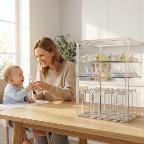 Baby Bottle Organizer, 3 Tiers Adjustable Bottle Storage Container for Countertop, Acrylic Bottle Station with 2 Removable Dividers and Double Magnetic Doors, Suitable for Kitchen Bathroom Vanity in Kuwait