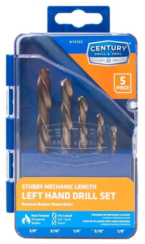 Century Drill & Tool 74105 Left Hand Drill Bit Set, 5 Piece | Straight shank, 135° point, cuts hard metals, steel & metal, 135° split point in Kuwait