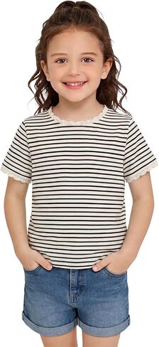 Haloumoning Toddler Baby Girls Striped Short Sleeve T-Shirts Kids Ribbed Knit Ruffle Trim Tops Tees Blouse 9M-8Y in Kuwait