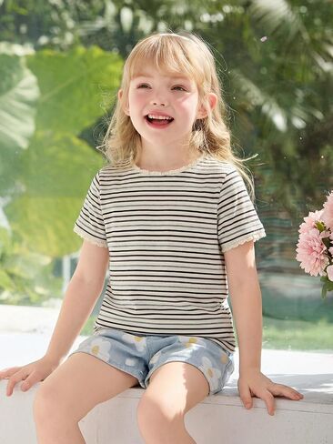Haloumoning Toddler Baby Girls Striped Short Sleeve T-Shirts Kids Ribbed Knit Ruffle Trim Tops Tees Blouse 9M-8Y in Kuwait