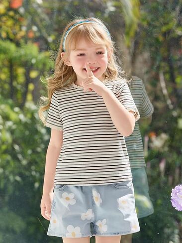 Haloumoning Toddler Baby Girls Striped Short Sleeve T-Shirts Kids Ribbed Knit Ruffle Trim Tops Tees Blouse 9M-8Y in Kuwait