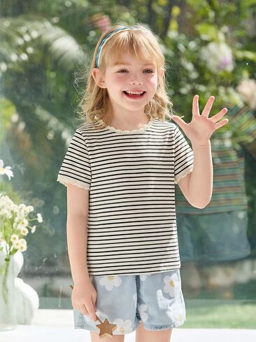 Haloumoning Toddler Baby Girls Striped Short Sleeve T-Shirts Kids Ribbed Knit Ruffle Trim Tops Tees Blouse 9M-8Y in Kuwait