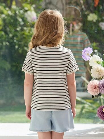Haloumoning Toddler Baby Girls Striped Short Sleeve T-Shirts Kids Ribbed Knit Ruffle Trim Tops Tees Blouse 9M-8Y in Kuwait