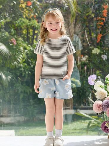 Haloumoning Toddler Baby Girls Striped Short Sleeve T-Shirts Kids Ribbed Knit Ruffle Trim Tops Tees Blouse 9M-8Y in Kuwait
