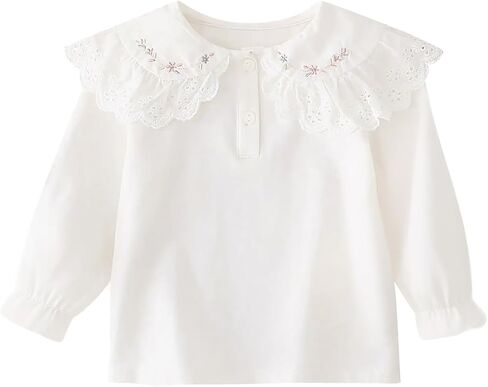 Toddler Baby Girl White Lace Collar Blouse Floral Embroidered Ruffle Peter Pan Collar Long Sleeve T Shirt Girls Casual Top in Kuwait
