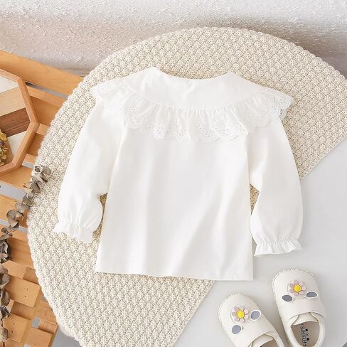 Toddler Baby Girl White Lace Collar Blouse Floral Embroidered Ruffle Peter Pan Collar Long Sleeve T Shirt Girls Casual Top in Kuwait