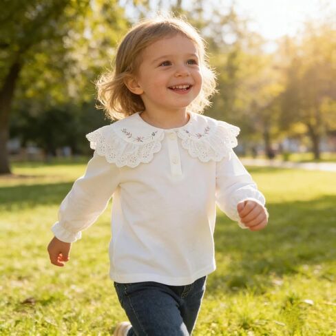 Toddler Baby Girl White Lace Collar Blouse Floral Embroidered Ruffle Peter Pan Collar Long Sleeve T Shirt Girls Casual Top in Kuwait