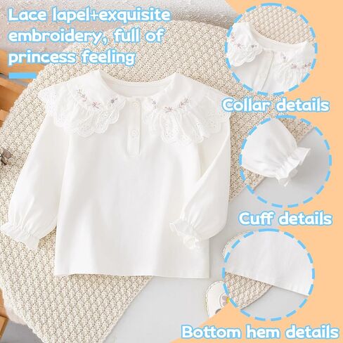 Toddler Baby Girl White Lace Collar Blouse Floral Embroidered Ruffle Peter Pan Collar Long Sleeve T Shirt Girls Casual Top in Kuwait