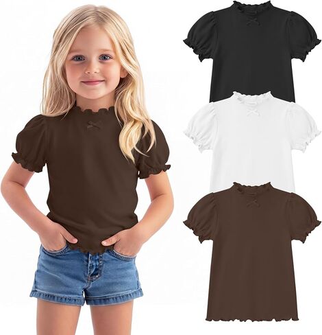 Toddler Baby Girls' Puff Short Sleeve Shirts, 3 Pack, 18M-5T | Lettuce Trim, Mock Neck, Slim Fit, Bow, Basic Summer Tees, Casual Activities, School, 55% Polyester, 30% Cotton, 15% Spandex in Kuwait