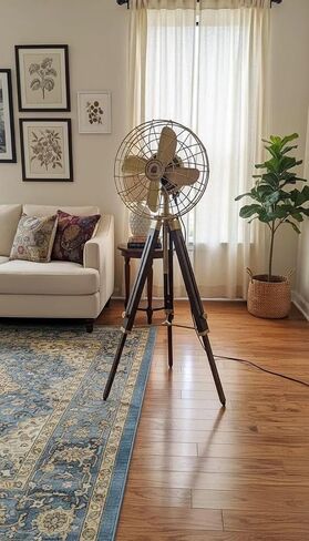 Nautical Handmade Industrial Dark Brown Adjustable Floor Fan Tripod Stand – Vintage Wooden Style Decorative Floor Stand for Home, Office & Studio Decor in Kuwait