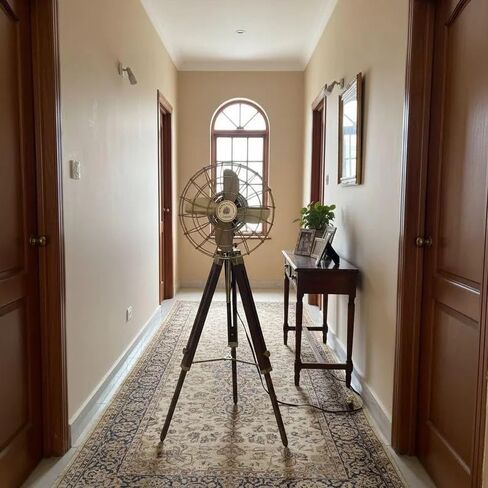 Industrial Floor Fan Tripod Stand – Adjustable Vintage Wooden Dark Brown Display Stand for Home Decor, Studio Props, Café & Office Interior Styling, Heavy Duty Rustic Tripod Base in Kuwait