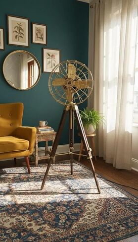 Industrial Floor Fan Tripod Stand – Adjustable Vintage Wooden Dark Brown Display Stand for Home Decor, Studio Props, Café & Office Interior Styling, Heavy Duty Rustic Tripod Base in Kuwait