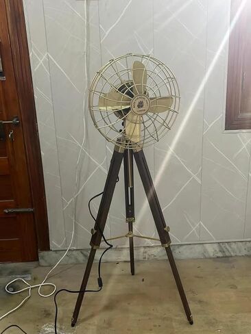 Industrial Floor Fan Tripod Stand – Adjustable Vintage Wooden Dark Brown Display Stand for Home Decor, Studio Props, Café & Office Interior Styling, Heavy Duty Rustic Tripod Base in Kuwait