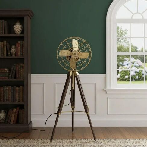 Industrial Floor Fan Tripod Stand – Adjustable Vintage Wooden Dark Brown Display Stand for Home Decor, Studio Props, Café & Office Interior Styling, Heavy Duty Rustic Tripod Base in Kuwait