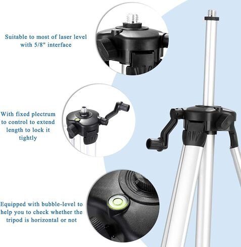 Thicken Aluminum Alloy Level Tripod Stand, 3 Heights Adjustable with BubbleLevel, Smooth Rocking Bar - for Level, Silver/Black, 1.56lb in Kuwait