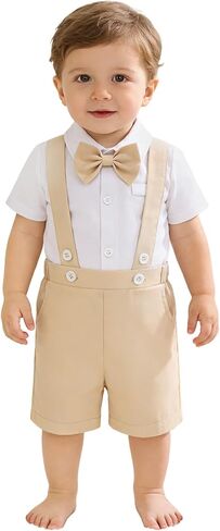 IDOPIP Baby Boys Formal Suit Gentleman Tuxedo Wedding Outfit Bowtie Romper Suspender Shorts for Baptism Birthday Photo Shoot in Kuwait