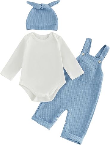 Newborn Baby Boy Clothes Infant Long Sleeve Romper Waffle Suspender Overalls Pants Hat Set Fall Winter Outfits in Kuwait