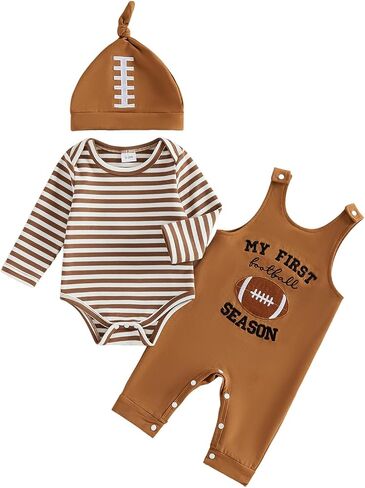Newborn Baby Boy Football Outfit Romper Suspender Pants Hat Set | Striped Long Sleeve Bodysuit Top, My First Football Season Overall Jumpsuit Romper, Knotted Hat in Kuwait