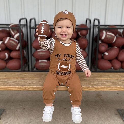 Newborn Baby Boy Football Outfit Romper Suspender Pants Hat Set | Striped Long Sleeve Bodysuit Top, My First Football Season Overall Jumpsuit Romper, Knotted Hat in Kuwait