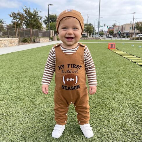 Newborn Baby Boy Football Outfit Romper Suspender Pants Hat Set | Striped Long Sleeve Bodysuit Top, My First Football Season Overall Jumpsuit Romper, Knotted Hat in Kuwait