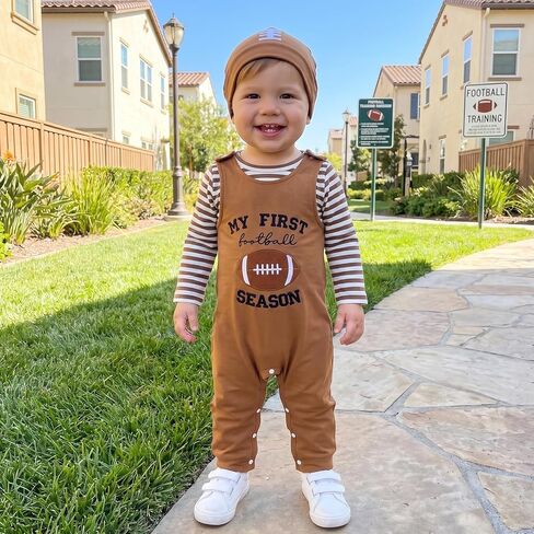 Newborn Baby Boy Football Outfit Romper Suspender Pants Hat Set | Striped Long Sleeve Bodysuit Top, My First Football Season Overall Jumpsuit Romper, Knotted Hat in Kuwait