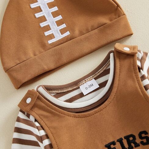 Newborn Baby Boy Football Outfit Romper Suspender Pants Hat Set | Striped Long Sleeve Bodysuit Top, My First Football Season Overall Jumpsuit Romper, Knotted Hat in Kuwait