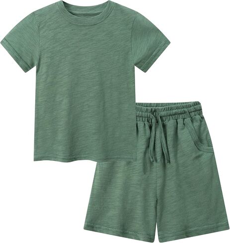 Toddler Boy Outfits Summer Shorts Set Organic Cotton Kids Clothes | 100% organic cotton toddler boy clothes,soft,breathable little boys beach outfit,green/bule/khaki 2 piece maching set in Kuwait