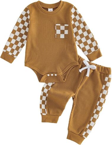 Newborn Baby Boy Girl Clothes Checkered Plaid Long Sleeve Waffle Knit Romper Pants Set 2 Piece Fall Winter Outfits in Kuwait