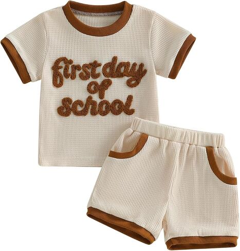 WZTYYDS Toddler Boy First Day of School Outfit T-Shirt Shorts Set | Waffle Knit Clothing, Back to School Outfits for Boys Preschool Pre K Kindergarten Clothes, 2T 3T 4T 5T 6T Graduation Gift in Kuwait