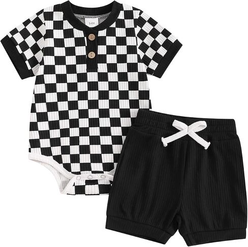 MA&BABY Newborn Baby Boy Girl Clothes 3 6 9 12 18 Months Ribbed Knit Short Sleeve Romper Shorts Set Infant Summer Outfits (Checkered- Black, 0-3 Months) in Kuwait