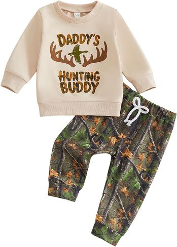 Bagilaanoe Toddler Baby Boy Outfit Daddy’s Hunting Buddy Long Sleeve Sweatshirt Pullover Tops and Pants Fall Clothes Set in Kuwait