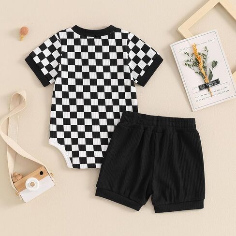 MA&BABY Newborn Baby Boy Girl Clothes 3 6 9 12 18 Months Ribbed Knit Short Sleeve Romper Shorts Set Infant Summer Outfits (Checkered- Black, 0-3 Months) in Kuwait