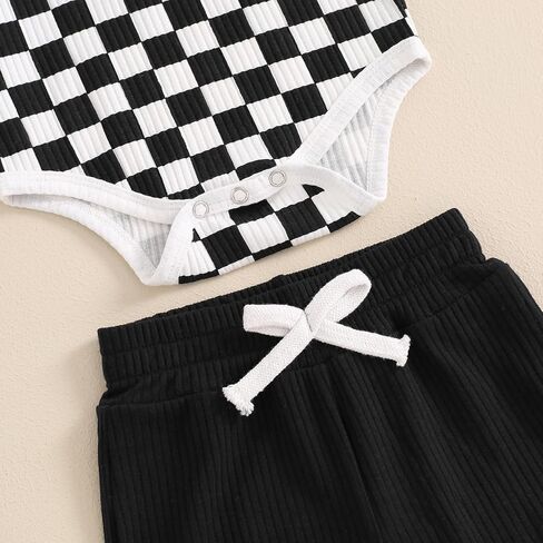 MA&BABY Newborn Baby Boy Girl Clothes 3 6 9 12 18 Months Ribbed Knit Short Sleeve Romper Shorts Set Infant Summer Outfits (Checkered- Black, 0-3 Months) in Kuwait