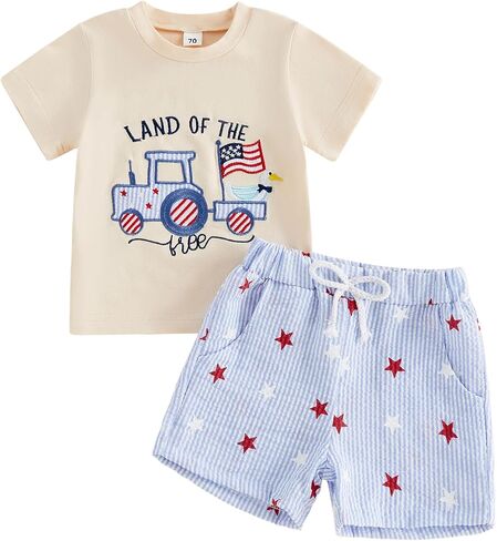 Kids Summer Clothes Toddler Boy Embroidered T-shirt and Striped Shorts | Fishing/sailboat/ocean/letter clothes, First day of school boy clothes, 4th of July Outfit, Two Piece set for boys in Kuwait