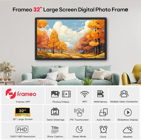 Frameo 32" Extra Large Digital Picture Frame, Smart WiFi Photo Frame with 1920x1080 FHD IPS Touch Screen 64GB Memory, Support Wall Mounted Auto-Rotate USB&SD Card, Share Photos/Videos Instantly in Kuwait