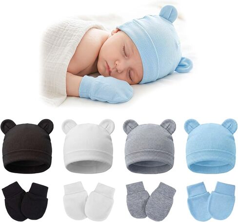 8 Pack Newborn Baby Bear Ears Hats and Mittens Sets Preemie Hats Baby Beanie Gloves Baby Boy Girl Infant Hospital Beanie Multicolor in Kuwait
