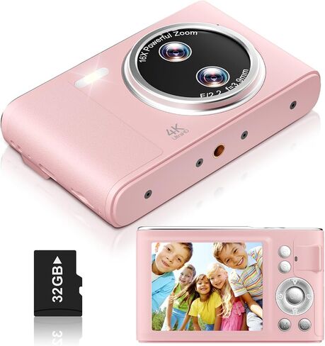 Digital Camera, 48MP FHD 1080P Point and Shoot Camera with 16x Zoom, Anti Shake Autofocus Compact Camera with 32GB Card for Kids, Beginners, Teens, Pink in Kuwait