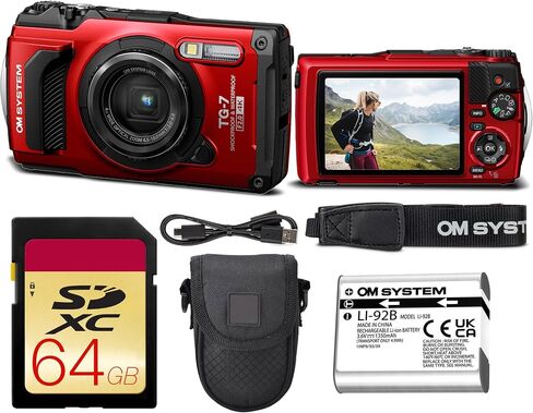 OM SYSTEM Tough TG-7 Digital Camera Bundle (Black) | 12MP BSI CMOS Sensor, f/2 Lens, 4K Video, Waterproof, Shockproof & Freezeproof | Great for Outdoors & Underwater (V110030BU000) + 64GB Card + Case in Kuwait