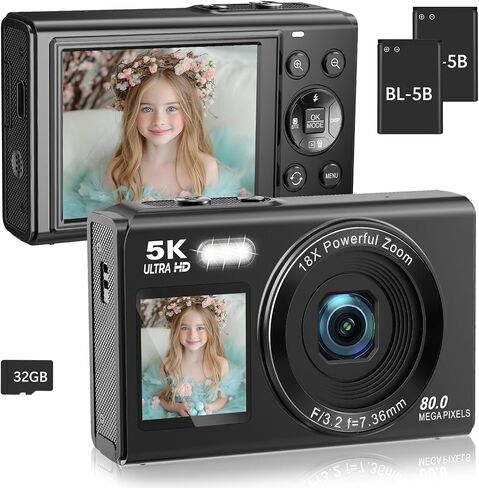 5K Digital Camera for Photography, 80MP Dual Screen Vlogging Camera for YouTube with WiFi, 16X Digital Zoom, Beauty Function, 2.8-inch Screen, Fill Light Includes 32GB Card & 2 Batteries (Pink) in Kuwait